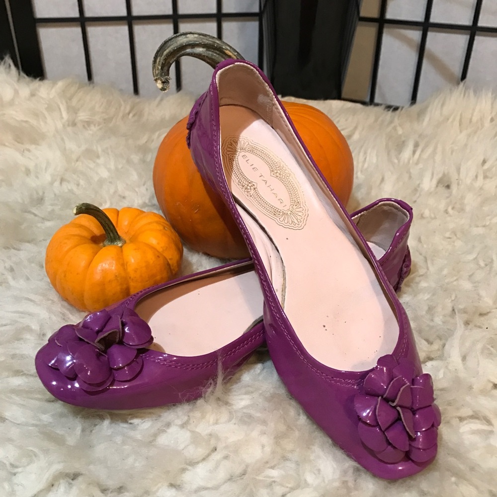 💖Eli Tahari Purple Leather Flower Flats Size 7 - Picture 4 of 6