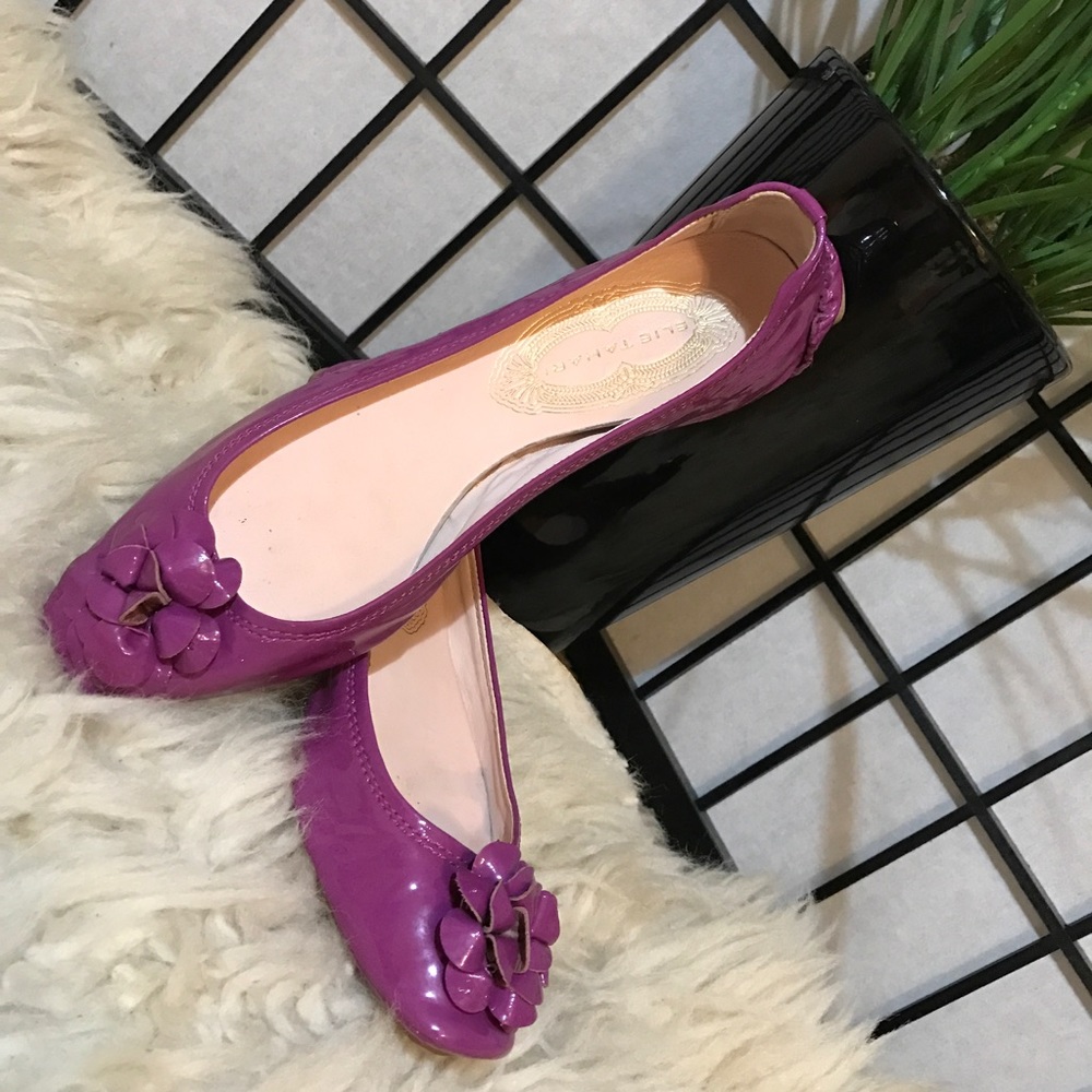 💖Eli Tahari Purple Leather Flower Flats Size 7