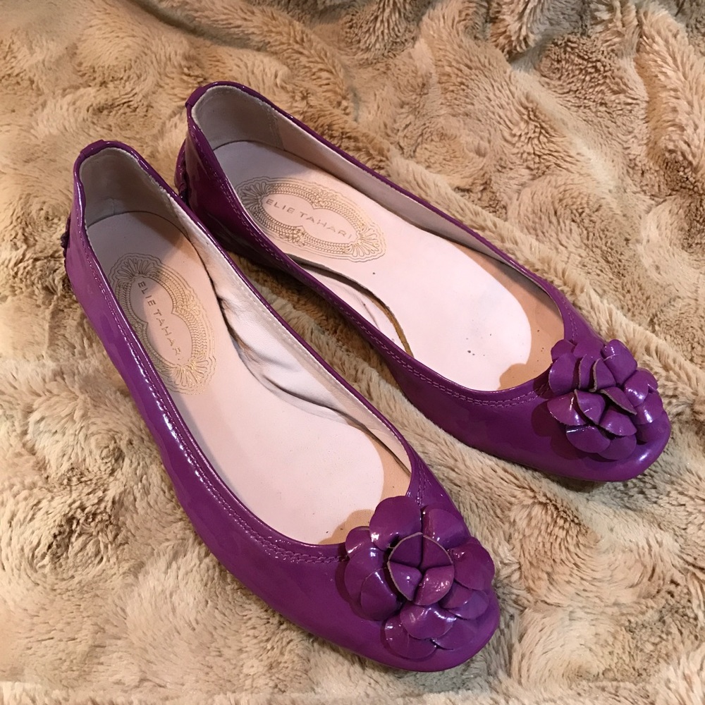 💖Eli Tahari Purple Leather Flower Flats Size 7 - Picture 5 of 6