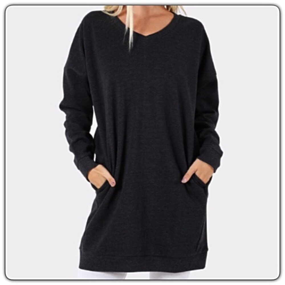 Extra Long V-Neck Tunic Sweatshirt Black SML - Picture 5 of 8