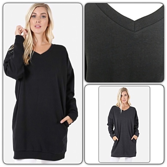 Extra Long V-Neck Tunic Sweatshirt Black SML - Picture 3 of 8