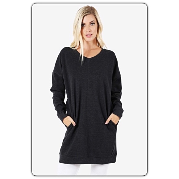 Extra Long V-Neck Tunic Sweatshirt Black SML - Picture 4 of 8