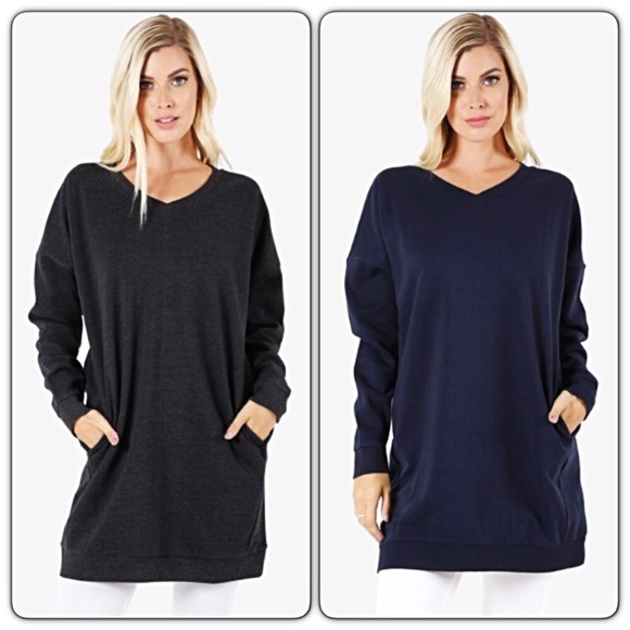 Extra Long V-Neck Tunic Sweatshirt Black SML - Picture 6 of 8
