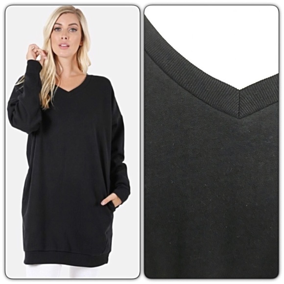 Extra Long V-Neck Tunic Sweatshirt Black SML - Picture 7 of 8