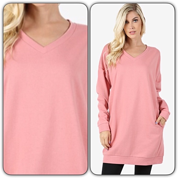 Extra Long V-Neck Tunic Sweatshirt Black SML - Picture 8 of 8