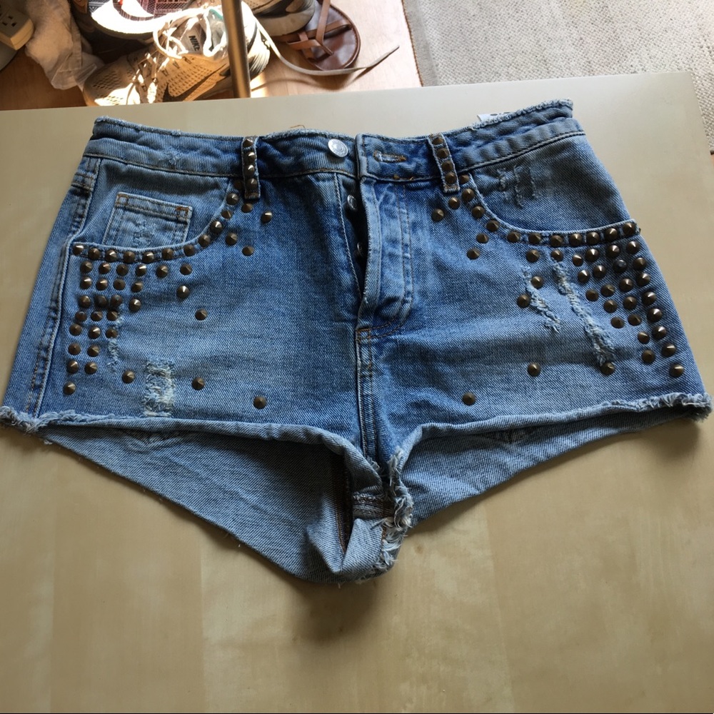 Topshop high waist moto jean shorts
