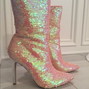 Pink sequin stiletto boots lower-calf, point toe.