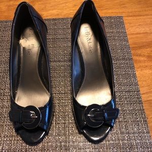 Navy blue patent leather peep toe heels