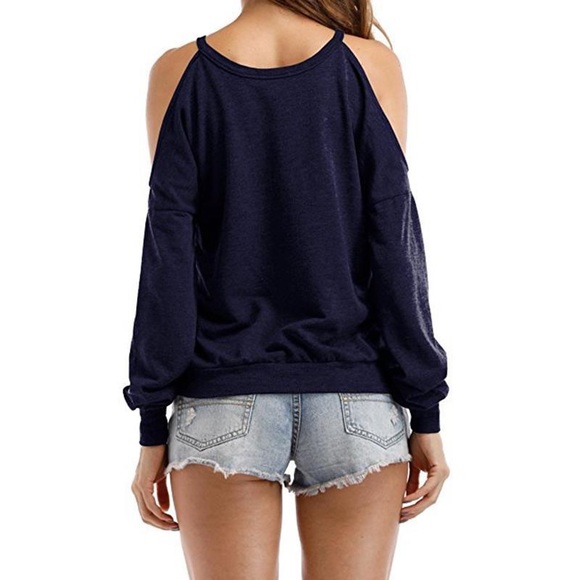 Cold Shoulder Long Sleeve Sweatshirt Top Navy Blue - Picture 3 of 4