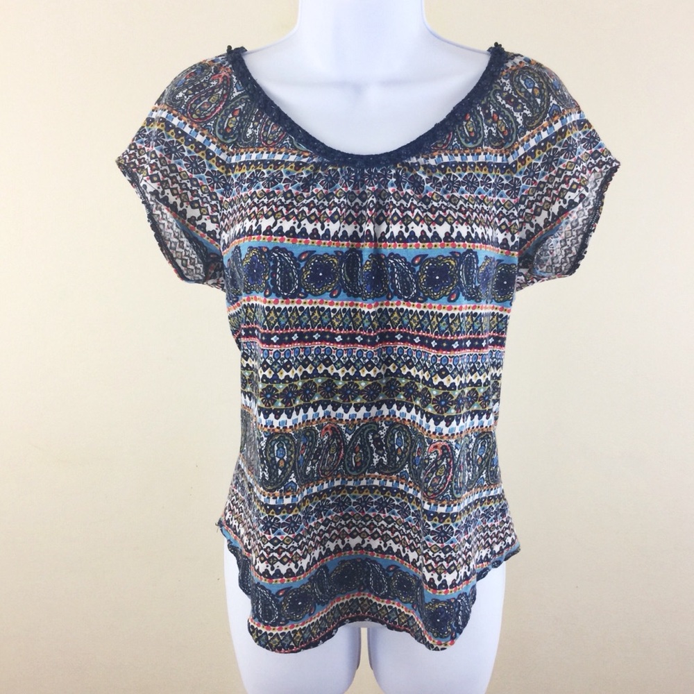 Lucky Brand Paisley Beaded Collar Short Sleeve Top