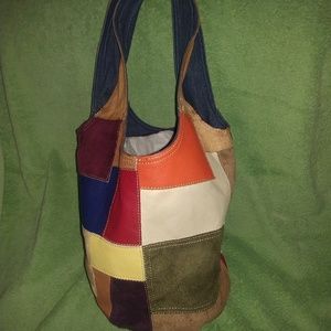 Retro patchwork leather and suede bucket bag