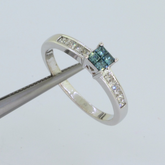 14K Blue Princess Cut Diamond Engagement Ring - Picture 1 of 6