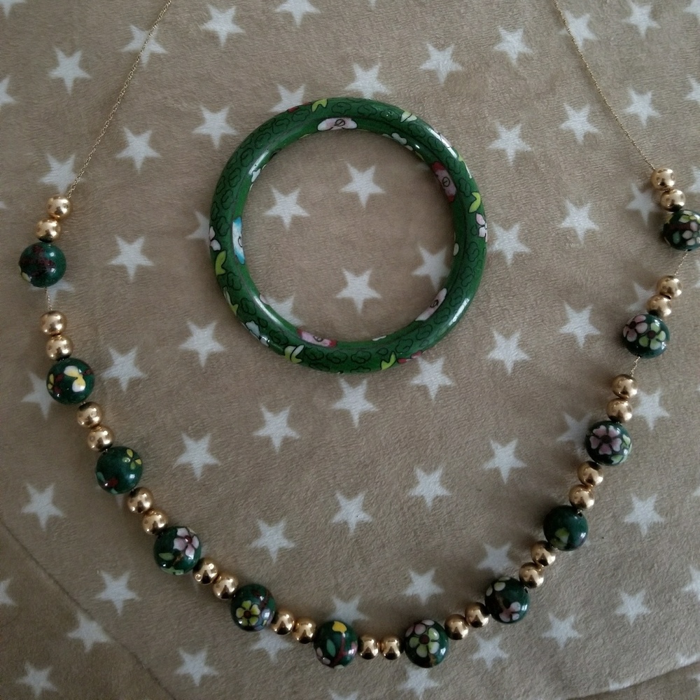 14k necklace and green chinese cloisonne bangle