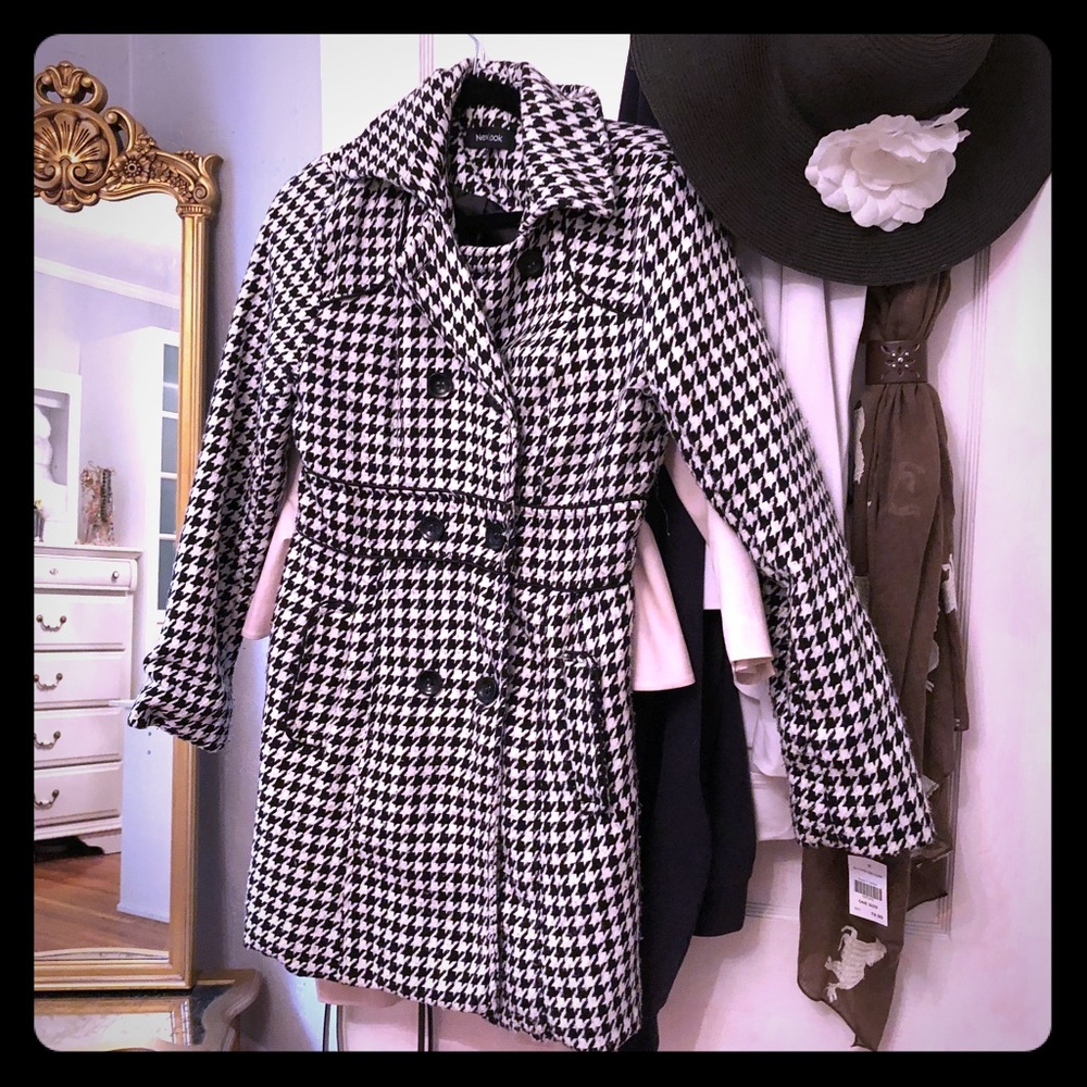 Black and white herringbone pea coat jacket