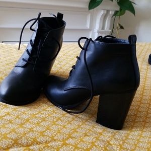 Forever 21 black leather booties wood stack heel 8