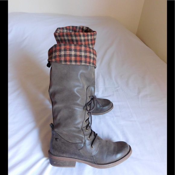 Hinvhai Womens Lace Up Knee High Boots Combat Chunky Low  Fancy Brown High Boots W/Shoelaces &Plaid Fabric
