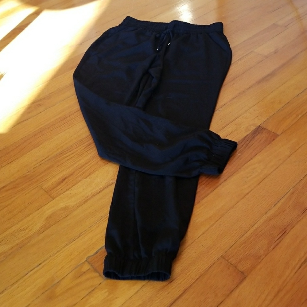 Black nylon drawstring pants