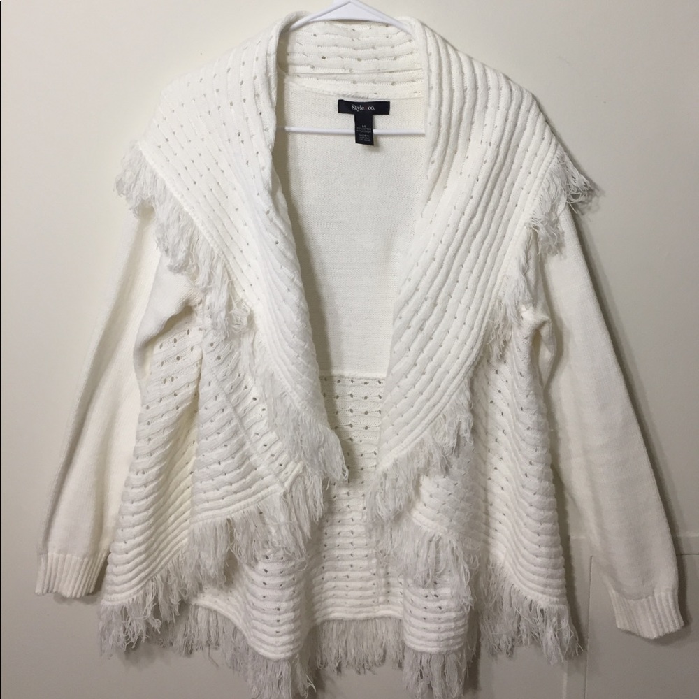 White Fringed Open-Front Cardigan