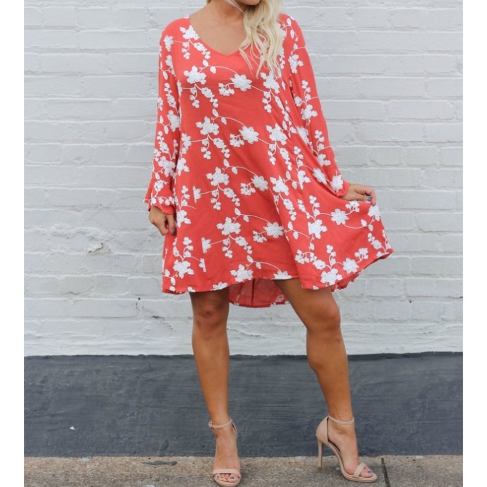 Coral Floral Embroidered Shift Dress