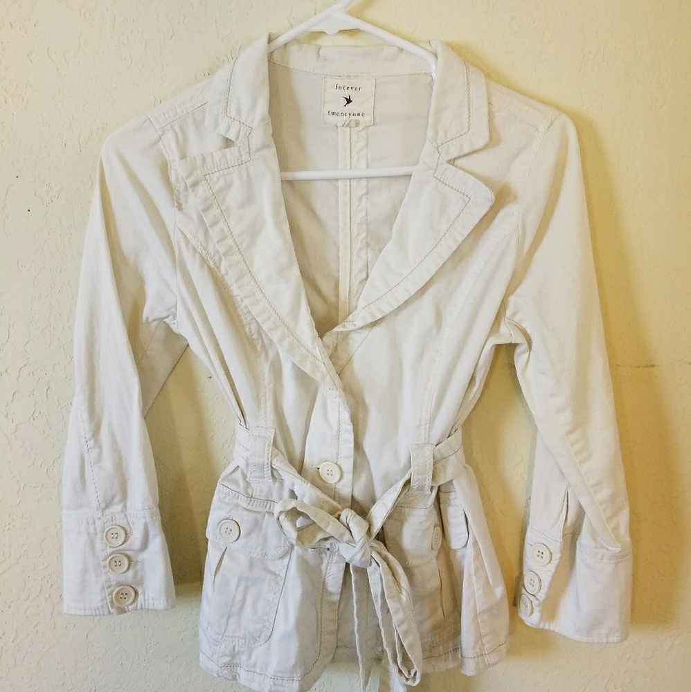 Forever 21 Linen 3/4 Sleeve Tie Cream Jacket