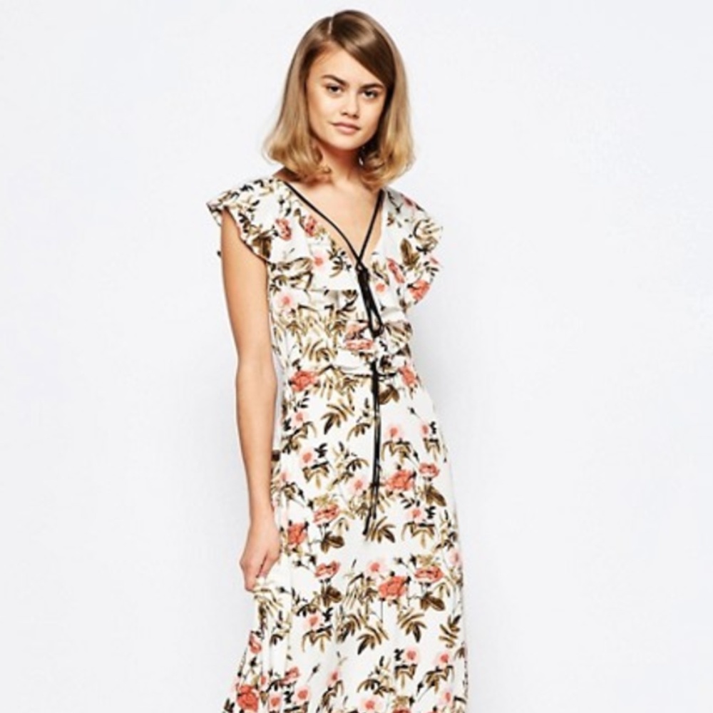 Floral Print Ruffle Dress With Lace Up Detail