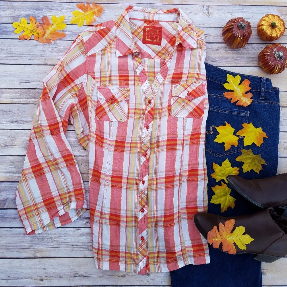 Cato Orange & White Plaid Button Down Shirt - Plus