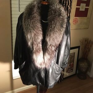 Leather jacket with real fox collar