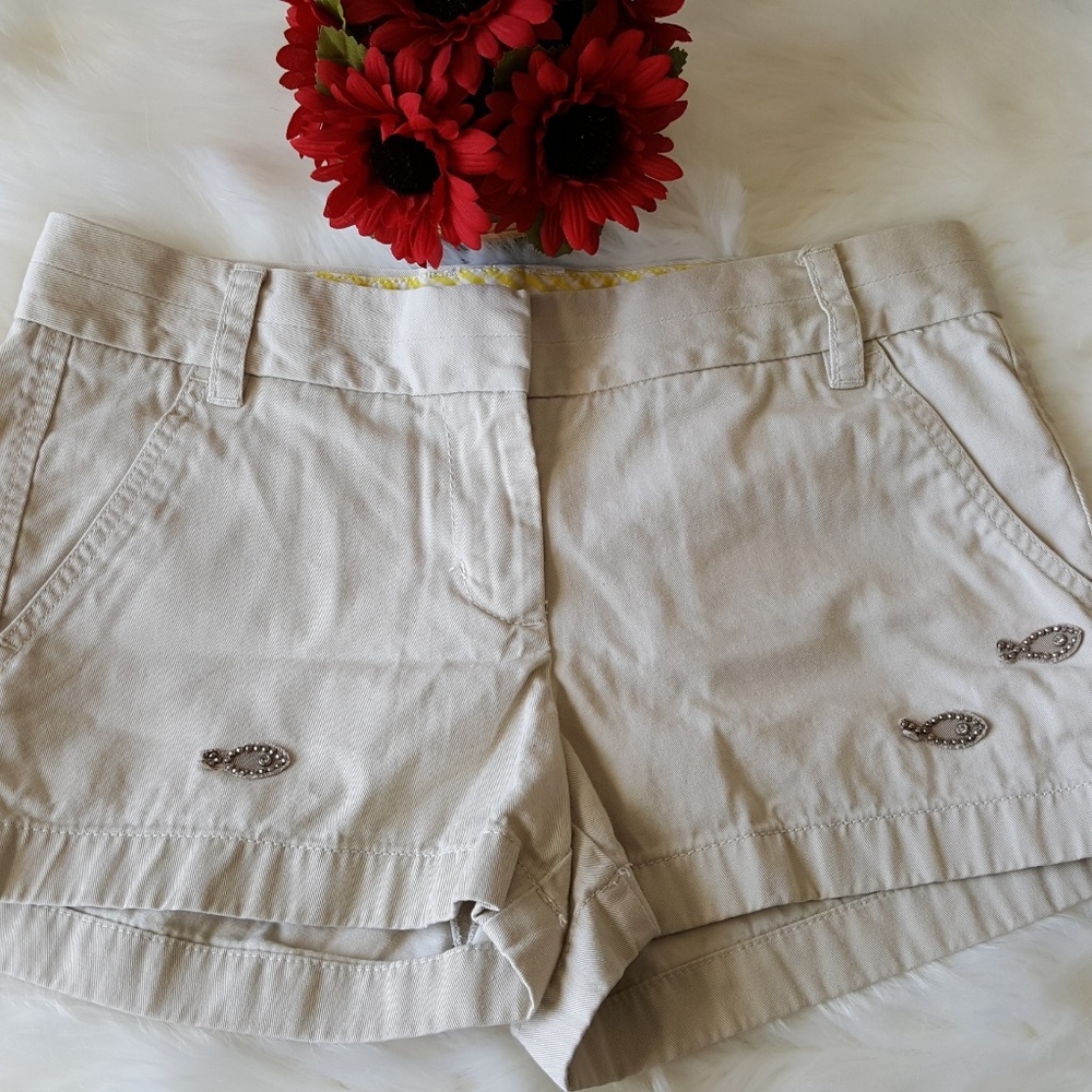 J Crew Khaki Shorts with Beaded Fish Applique
