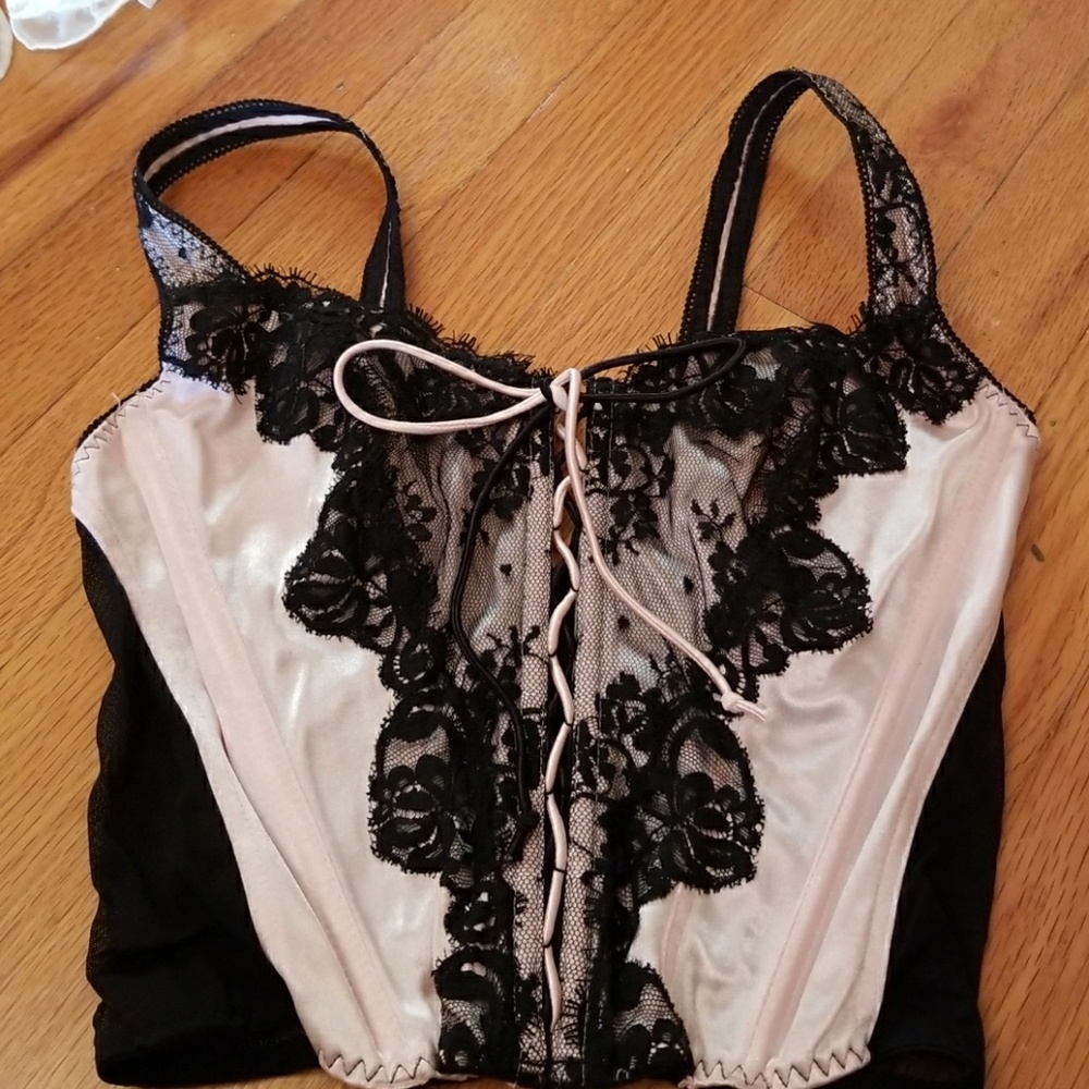 Pink satin and black lace corset
