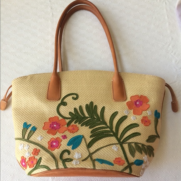 Cole Haan Handbags - Cole Haan Leather and Woven Embroidered Floral Bag