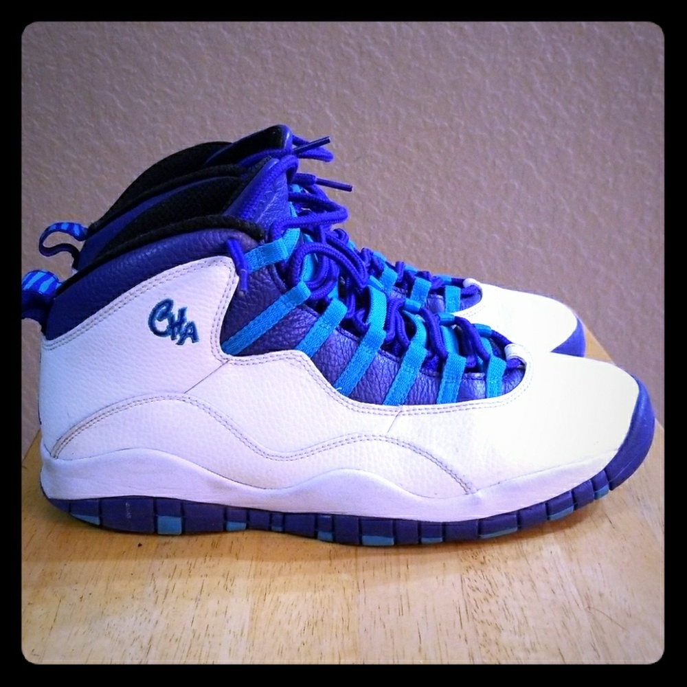 A pair of Charlotte edition Jordan 10's