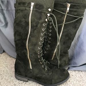 Green Velvety Knee High Boots