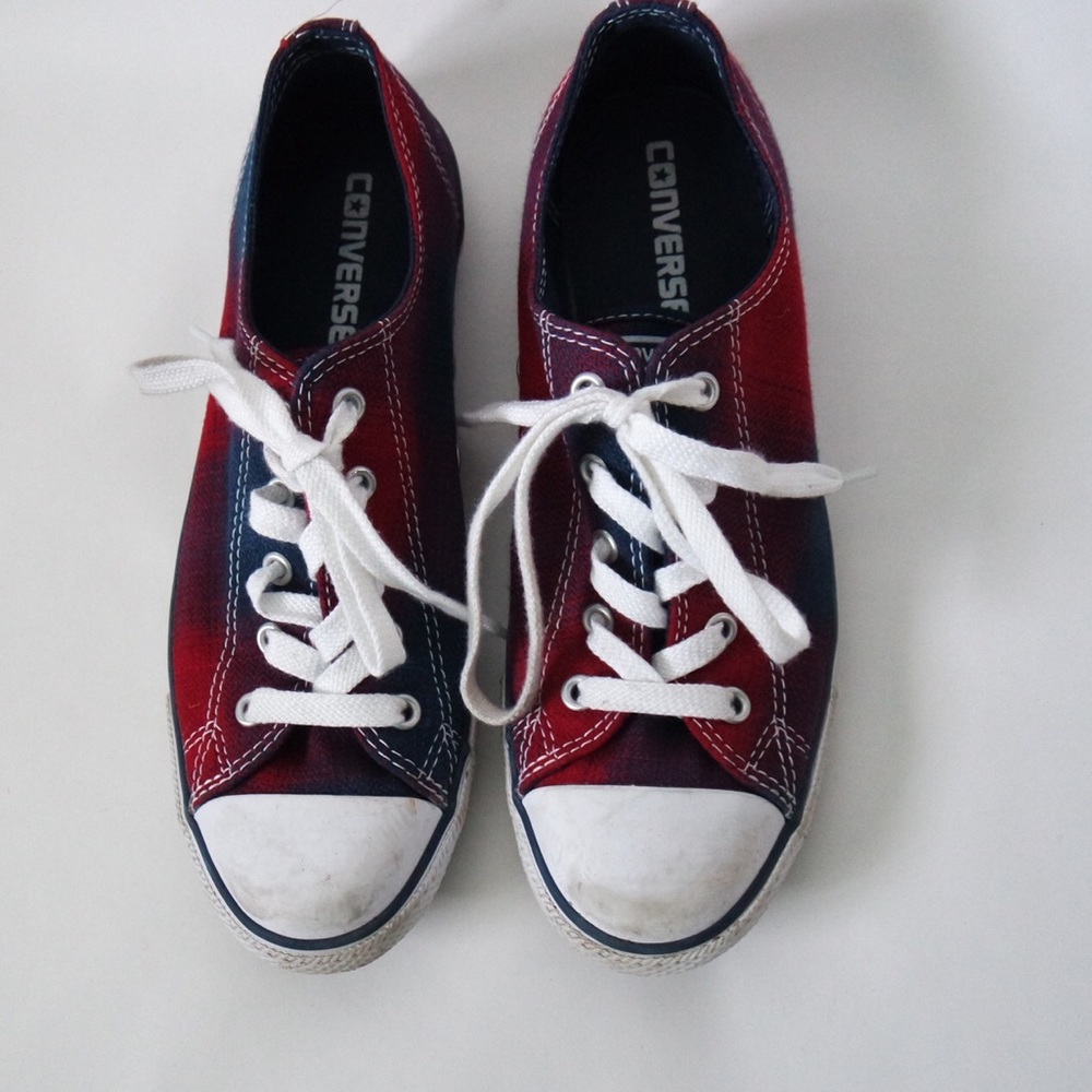 Blue and red converse