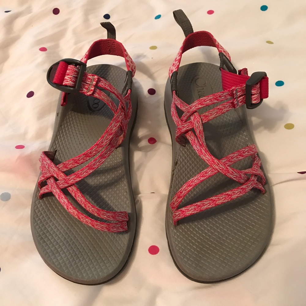 Women's pink and grey chacos