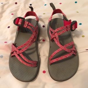 Women's pink and grey chacos