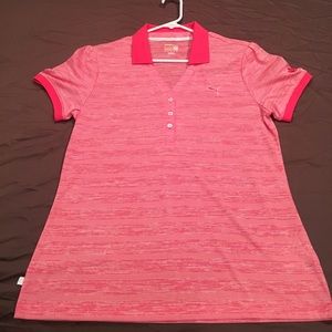 Puma polo, white/raspberry pink stripes. Size L