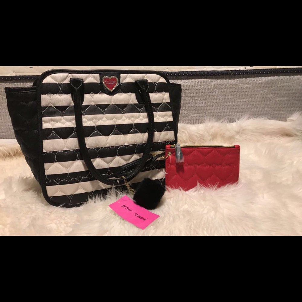 Betsey Johnson tote w/ wristlets and faux fur pom