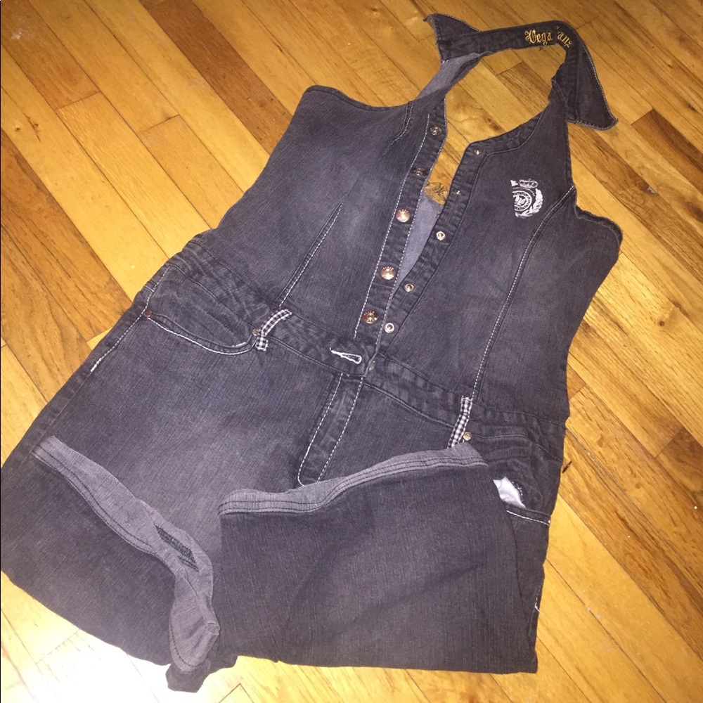 Vega jeans romper, halter...off black distressed