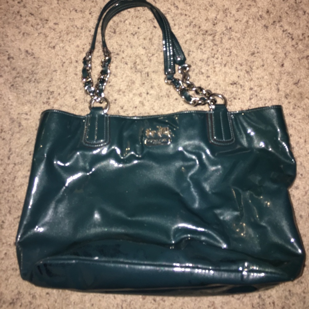 Teal blue patent leather Coach tote