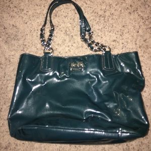 Teal blue patent leather Coach tote