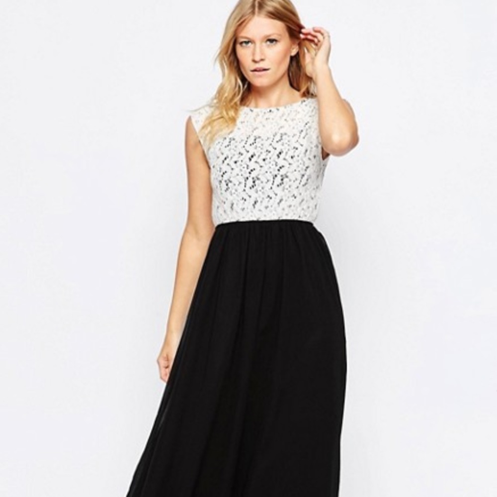 Cream and Black Lace and Chiffon Maxi Dress