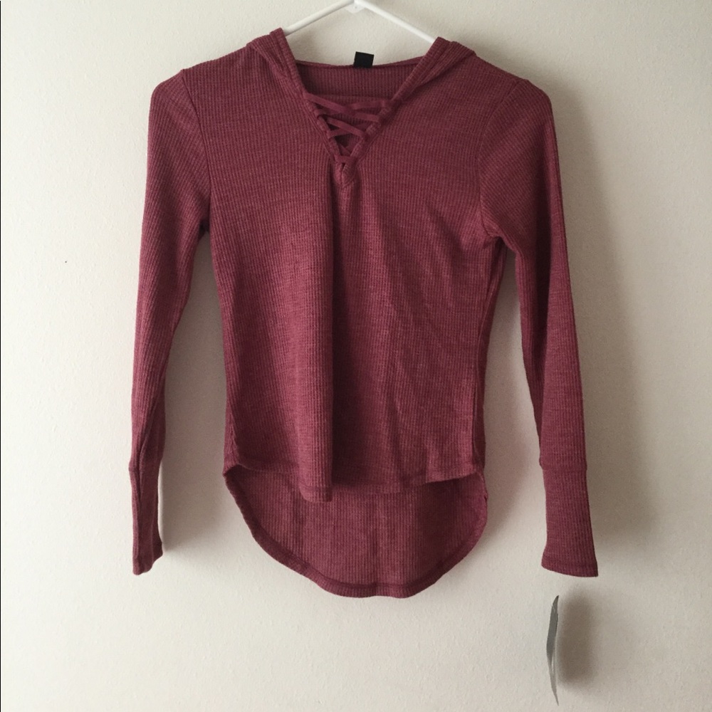 Maroon shirt lace up front long sleeve with hood