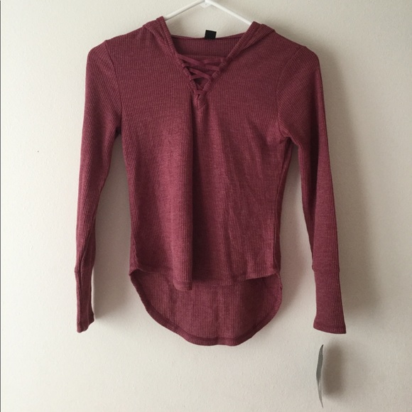 Maroon shirt lace up front long sleeve with hood - Picture 1 of 2