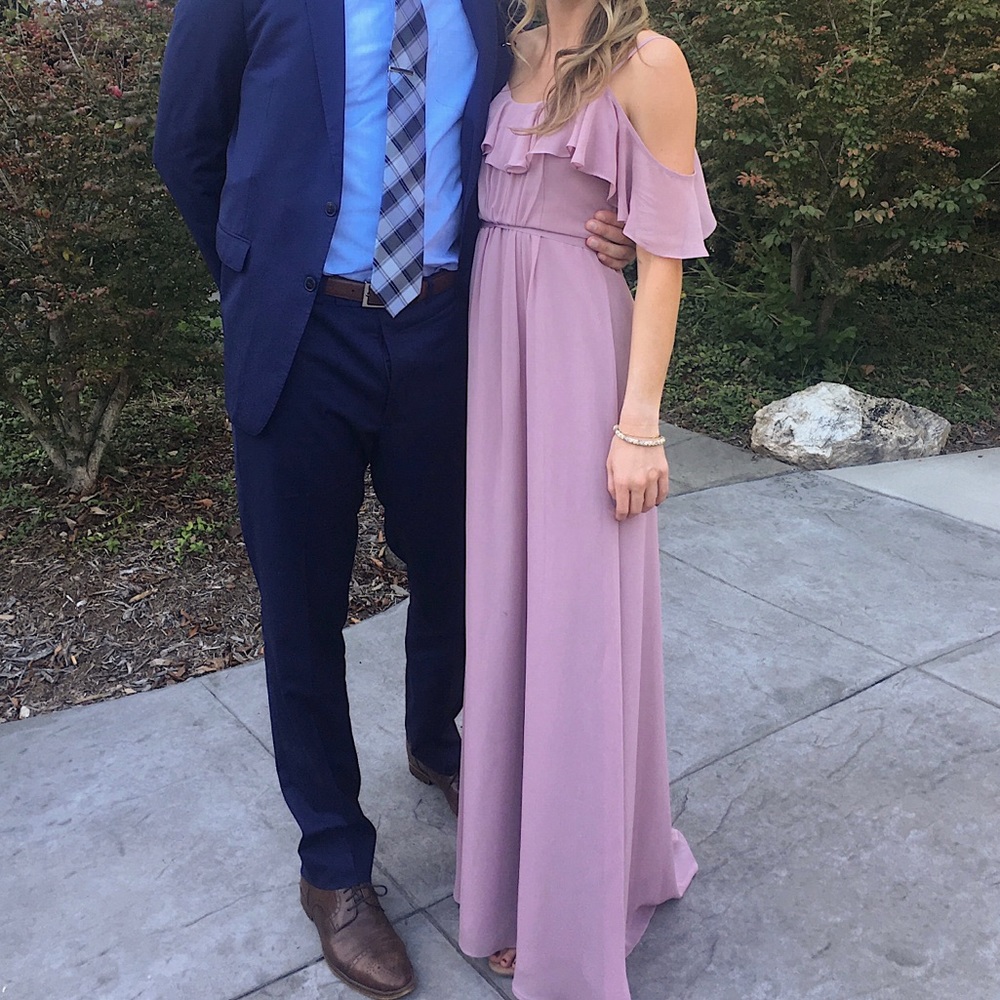 David’s Bridal cold shoulder dress in Quartz