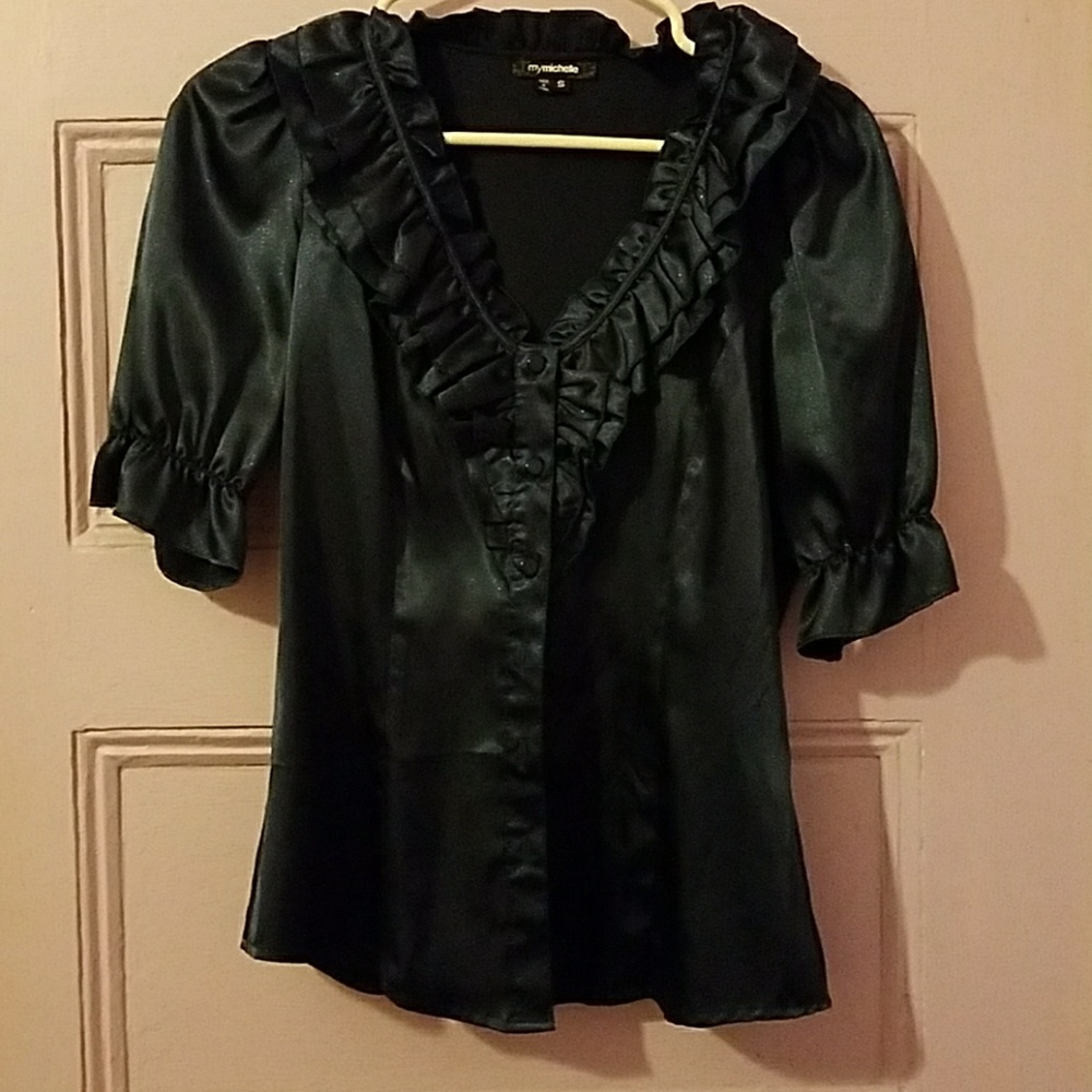 Button down ruffle top with shimmery fabric