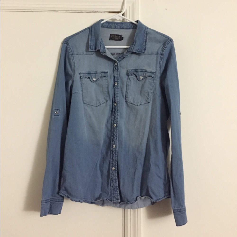 Chambray denim long sleeve fitted top size L