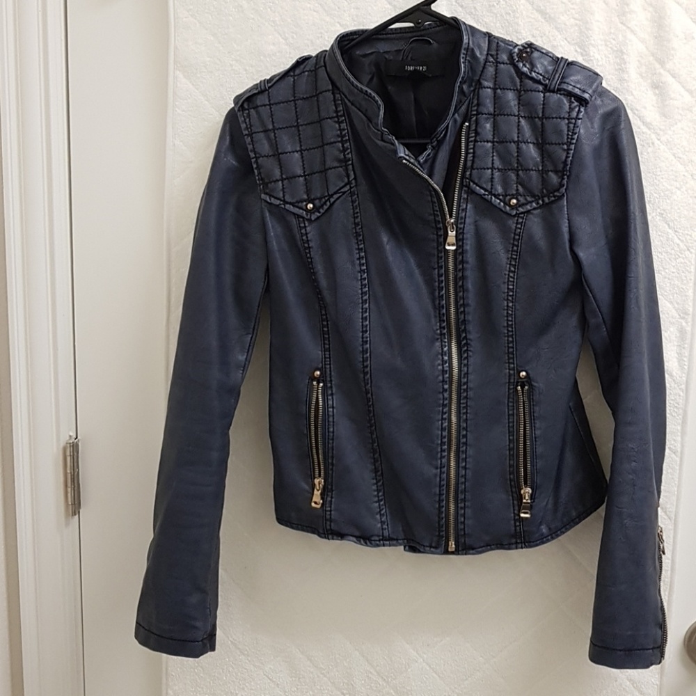Navy blue faux leather jacket with Gold hardware.