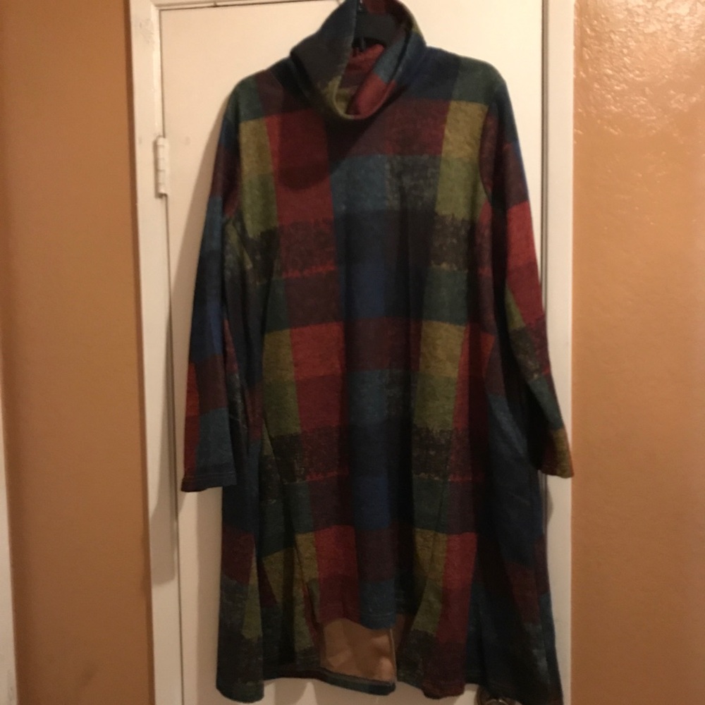Multi colored dress with cowl neck.