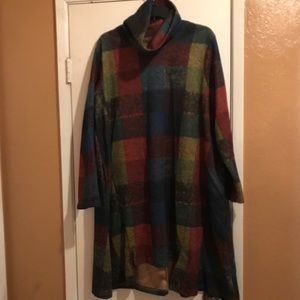 Multi colored dress with cowl neck.