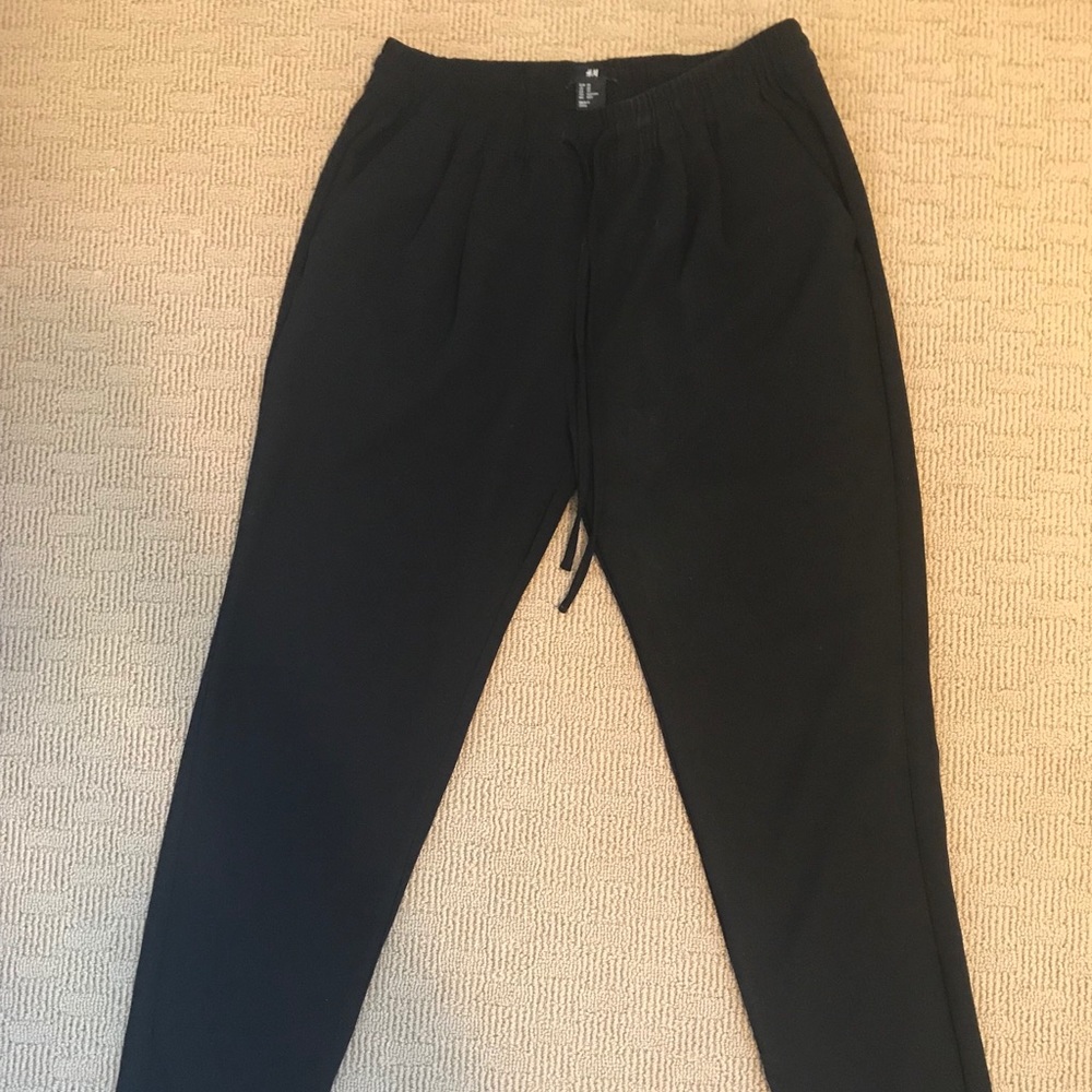 Black Tie-Waist Polyester Ankle Pants